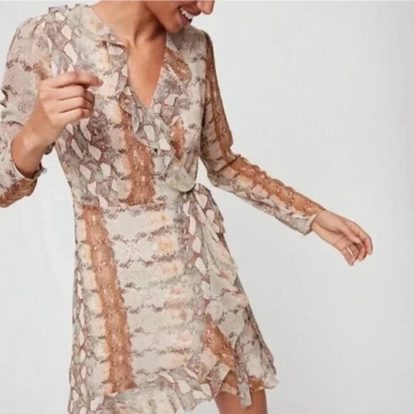Wilfred Aritzia Louise Snakeskin Print Chiffon Wrap Ruffle Mini Dress - Picture 6 of 17